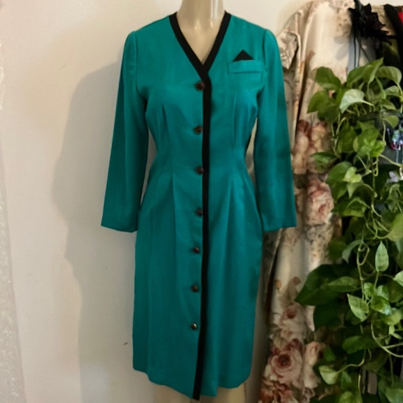Vintage Dress R&A Collections Green black Trim Collar Neck Front Button Front - Picture 2 of 15